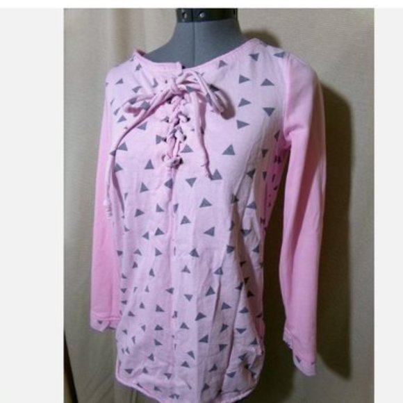 Triangle graphic print Henley T-shirt top XS Pink Gray scoop neck long sleeve - Picture 1 of 10